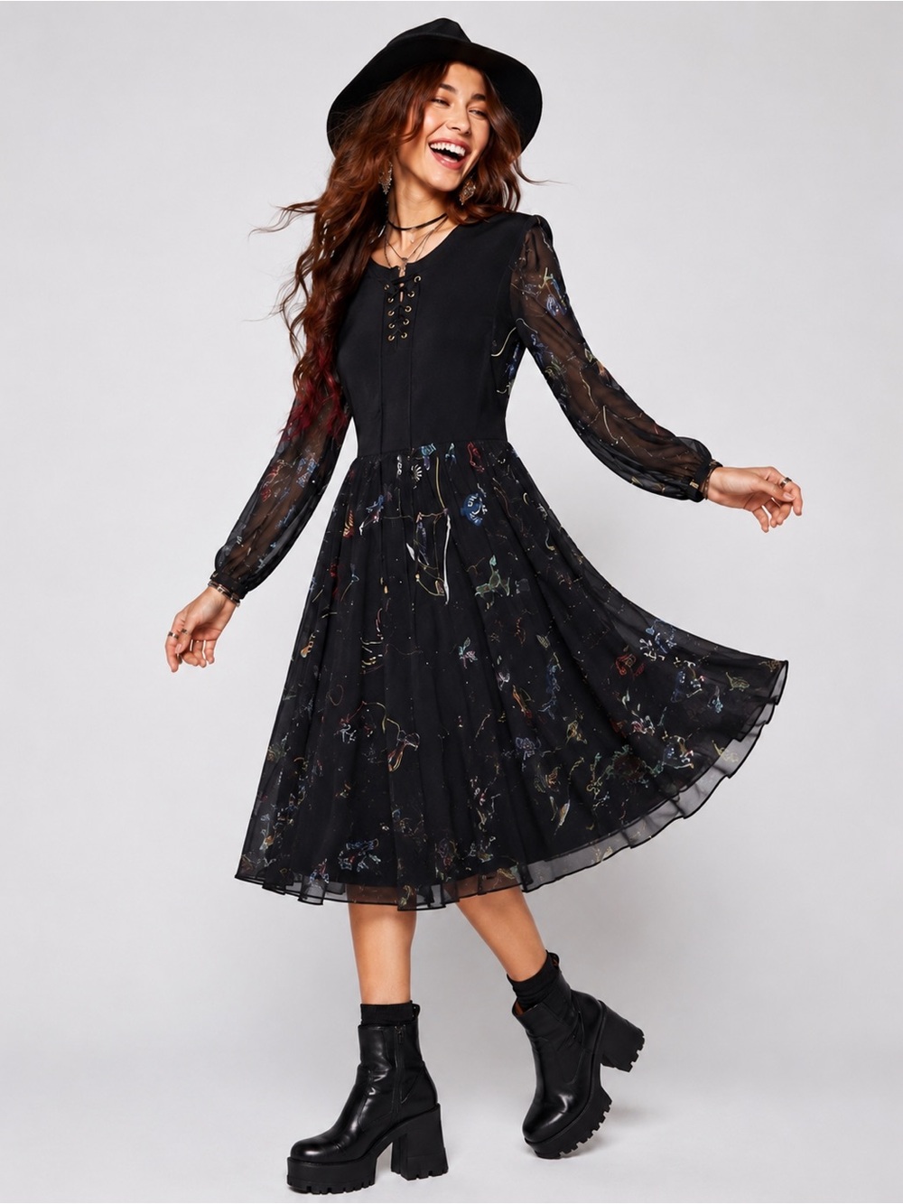 Whimsi Goth Black 100% Silk Midi Dress Lace Up Neckline Unicorns Doves Size S